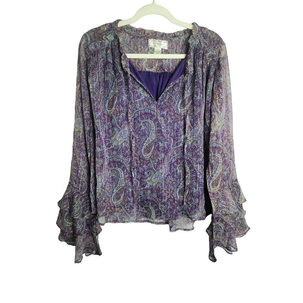 BOG Collective Band of Gypsies sheer ruffle sleeve shirt sz L Paisley metallic